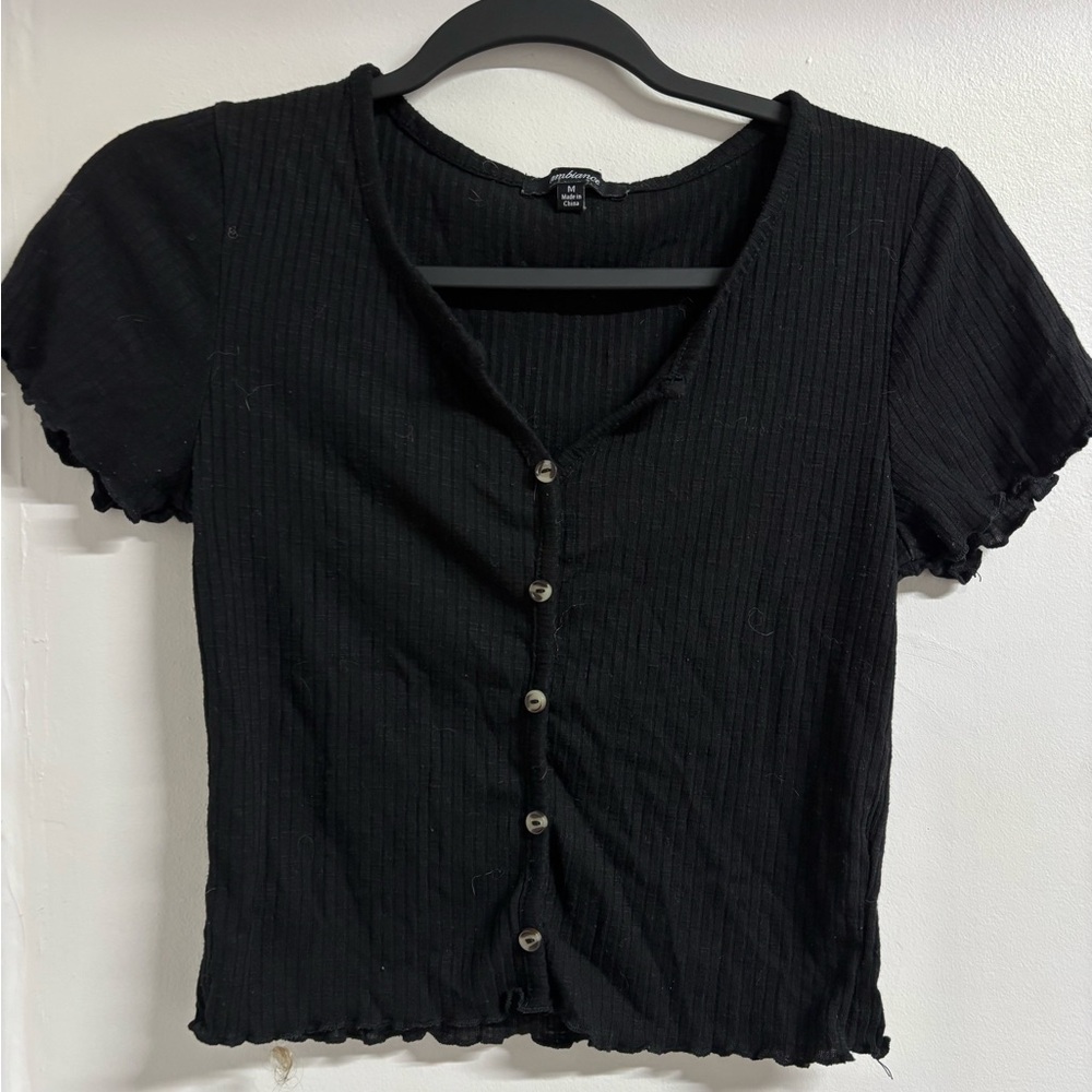 Black Button-Up Ribbed Top - Picture 1 of 2